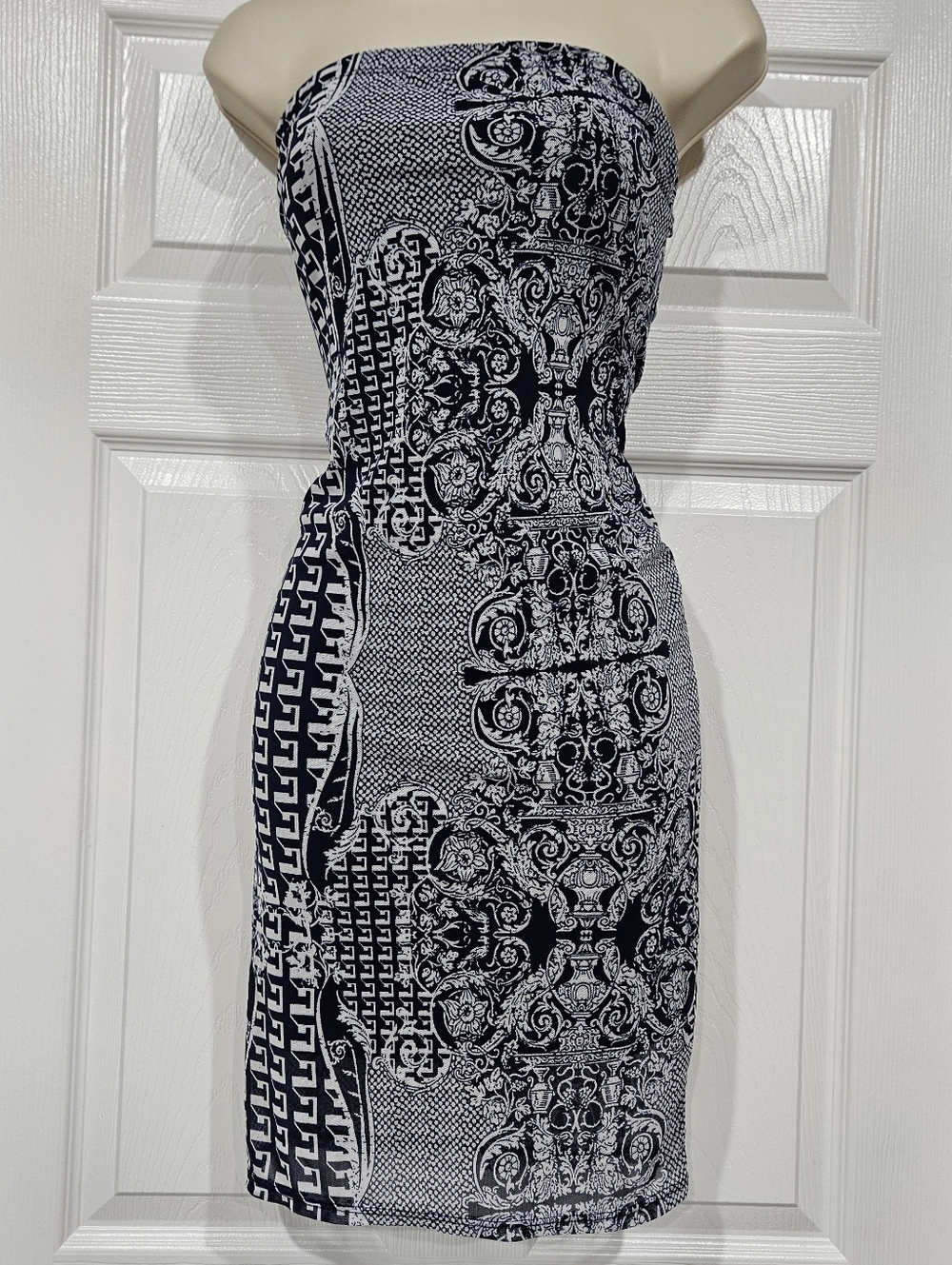 Strapless Navy & White Printed Sheath Dress